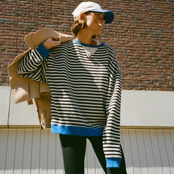 We The Free Sweaters - Free People Classic Striped Oversized Crewneck In Black Combo